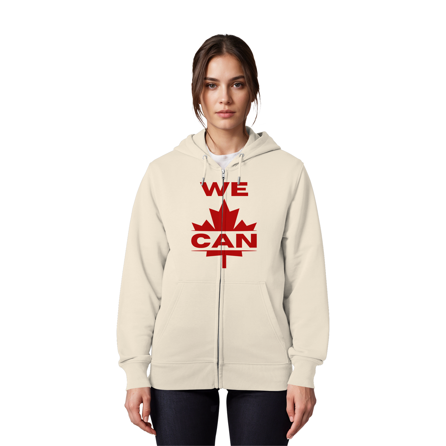 “WE CAN” with Maple Leaf Unisex Zip Hoodie – Motivational Hoodie for Everyday Comfort, Canada Pride