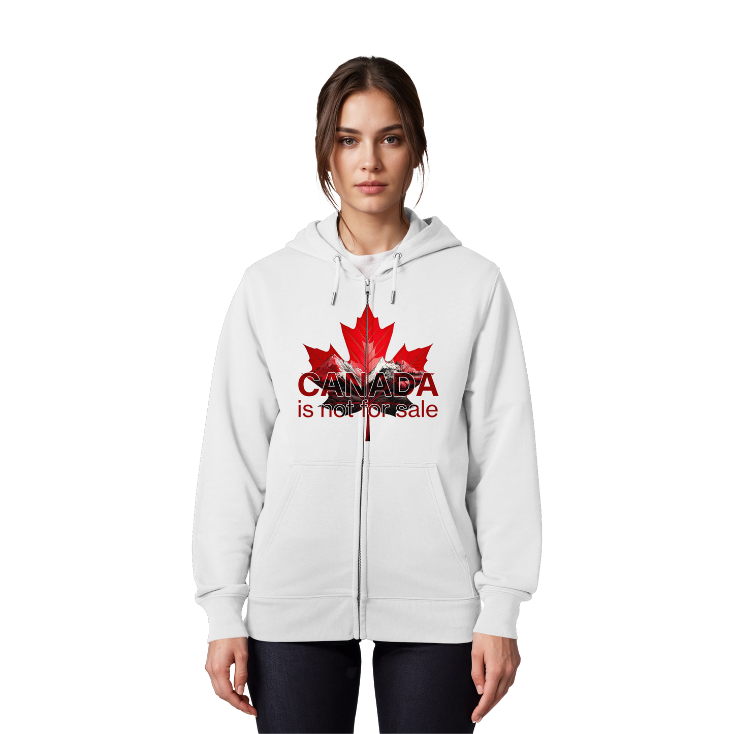 Zip Hoodie “Canada is Not for Sale” – Red Maple Leaf and Mountains, Cozy and Stylish Sweatshirt for Proud Canadians