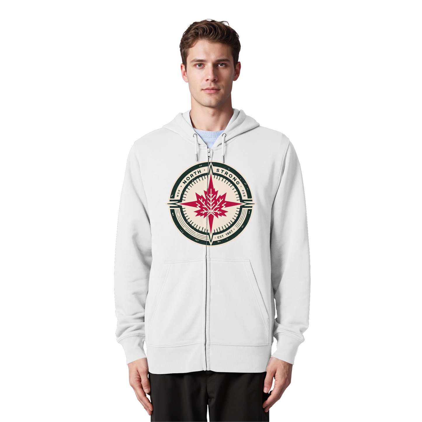 “North Strong” Compass Design Unisex Zip Hoodie – Navigate Adventure with Canadian Pride