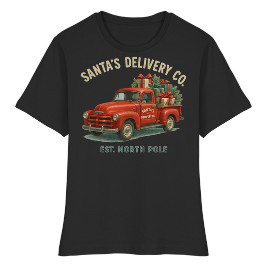 Santa’s Delivery Truck Women’s Tee | Vintage Holiday Shirt | Cotton Blend, Red Truck Design