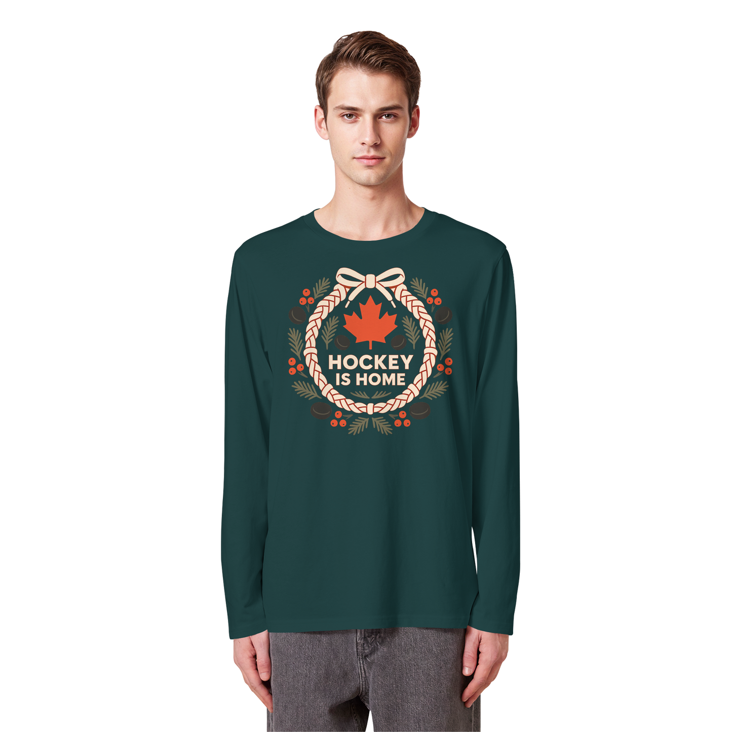 Hockey Lace Wreath Long Sleeve | Hockey Christmas Shirt | Premium Cotton Tee