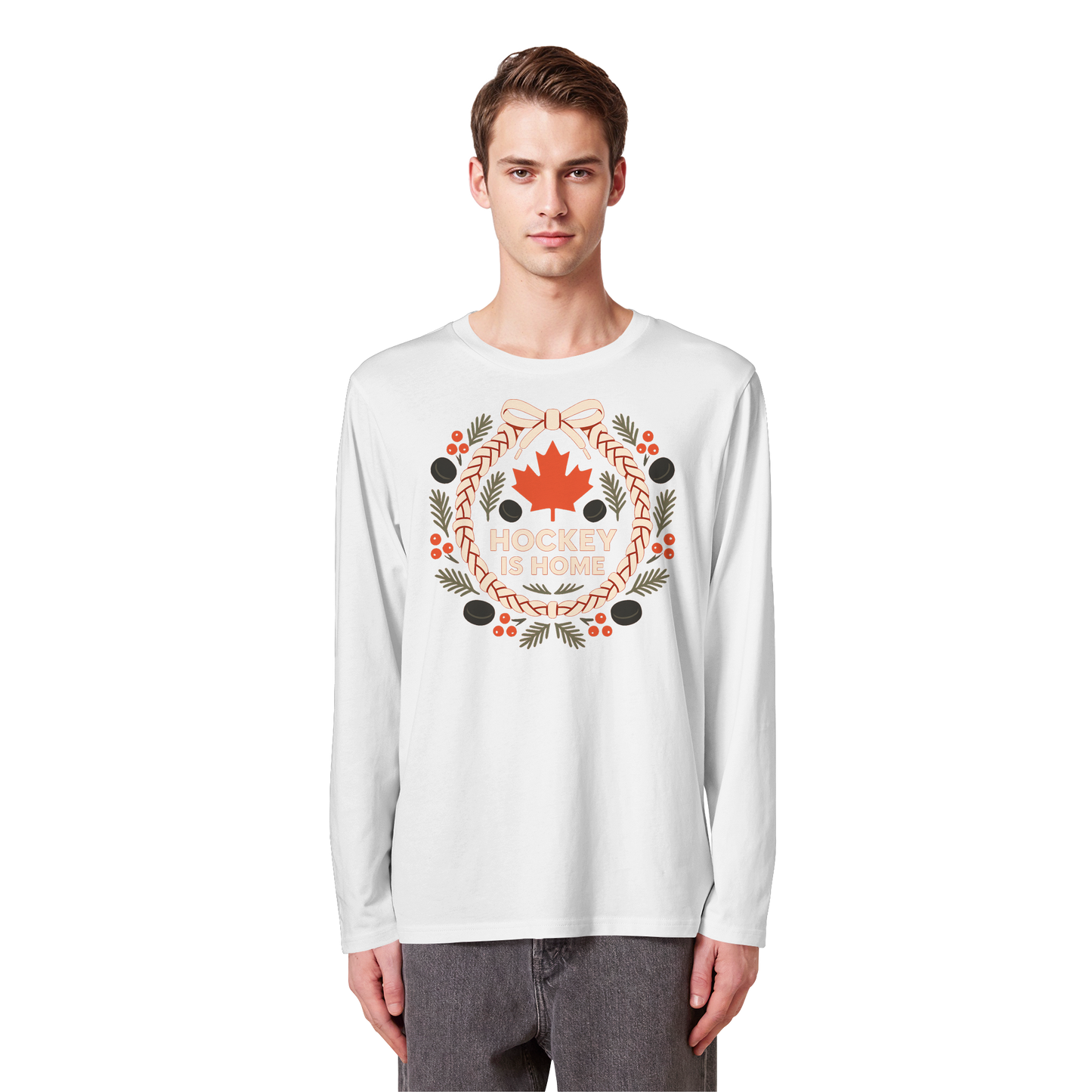Hockey Lace Wreath Long Sleeve | Hockey Christmas Shirt | Premium Cotton Tee