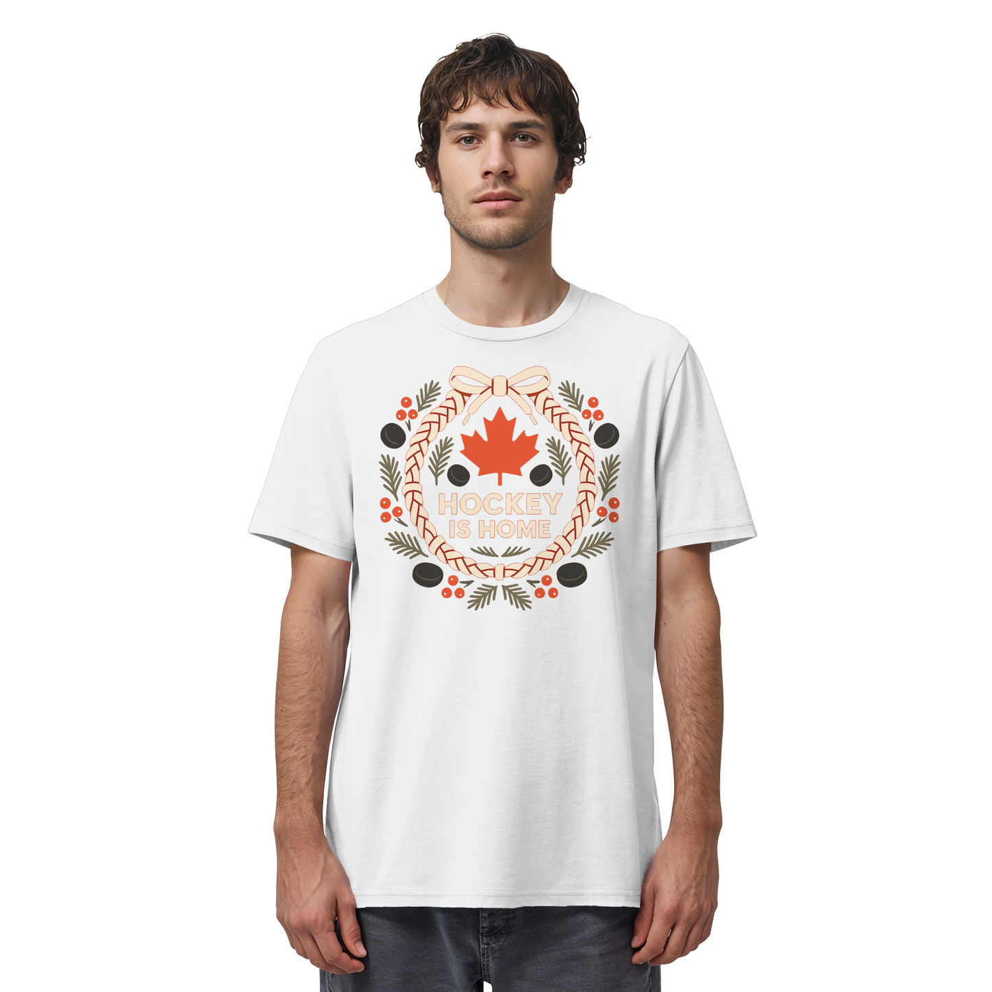 Hockey Lace Wreath | Hockey Christmas Shirt | Maple Leaf Holiday Tee – Premium Cotton Gift